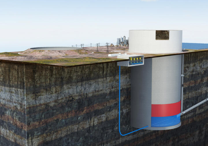 Mit überschüssigem Strom wird eine Fels- oder Betonmasse hydraulisch hochgepumpt ...